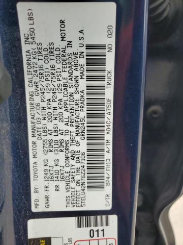 5TELU42N76Z247106 - 2006 TOYOTA TACOMA DOUBLE CAB ლურჯი ფოტო 12