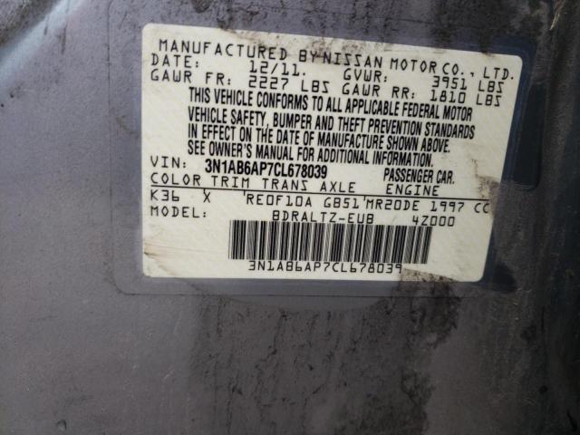 3N1AB6AP7CL678039 - 2012 NISSAN SENTRA 2.0 GRAY photo 12