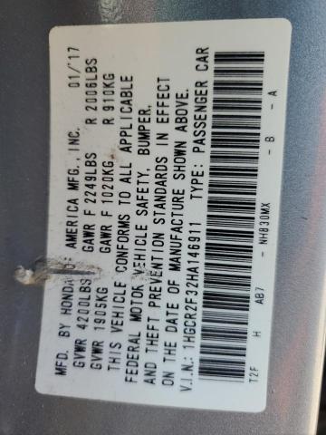 1HGCR2F32HA146911 - 2017 HONDA ACCORD LX 银色 照片 12