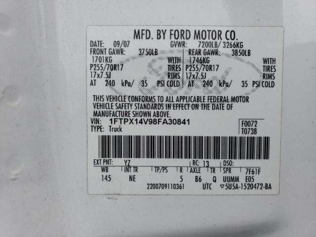 1FTPX14V98FA30841 - 2008 FORD F150 WHITE photo 12