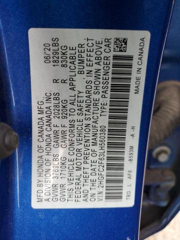 2HGFC2F63LH560380 - 2020 HONDA CIVIC LX BLUE photo 12