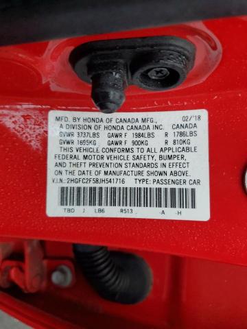 2HGFC2F58JH541716 - 2018 HONDA CIVIC LX წითელი ფოტო 12