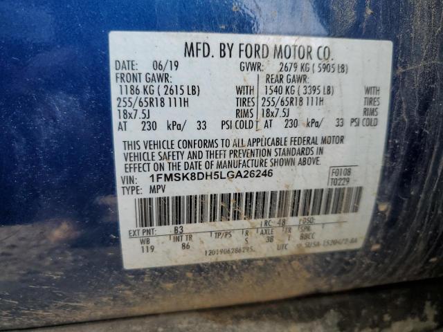 1FMSK8DH5LGA26246 - 2020 FORD EXPLORER XLT BLUE photo 12