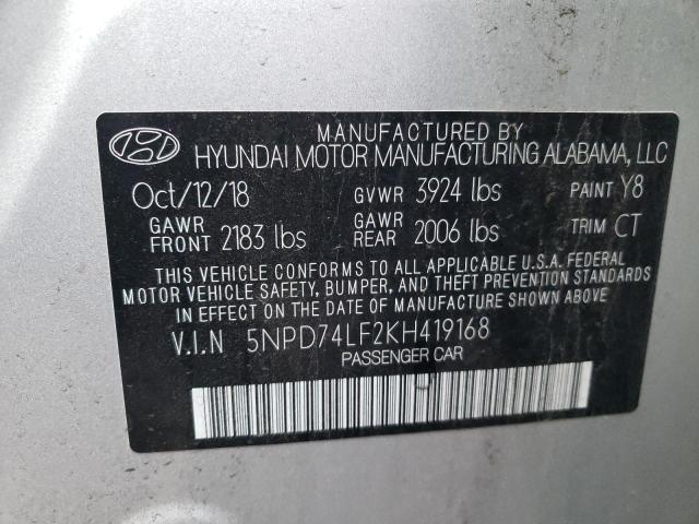 5NPD74LF2KH419168 - 2019 HYUNDAI ELANTRA SE SILVER photo 12