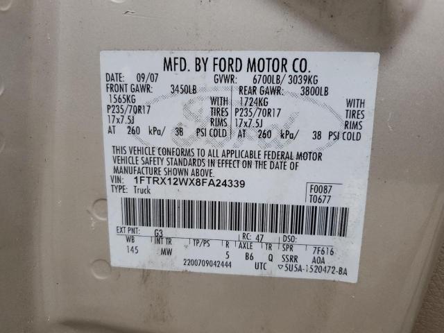 1FTRX12WX8FA24339 - 2008 FORD F150 TAN photo 12