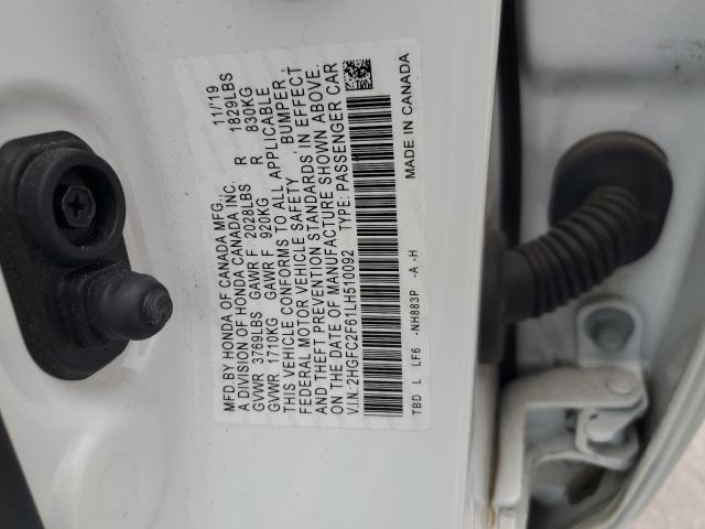 2HGFC2F61LH510092 - 2020 HONDA CIVIC LX WHITE photo 12