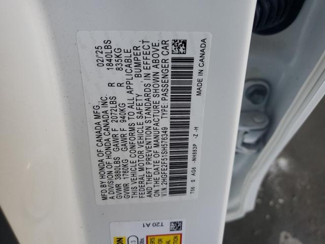2HGFE2F51SH576349 - 2025 HONDA CIVIC SPORT WHITE photo 12