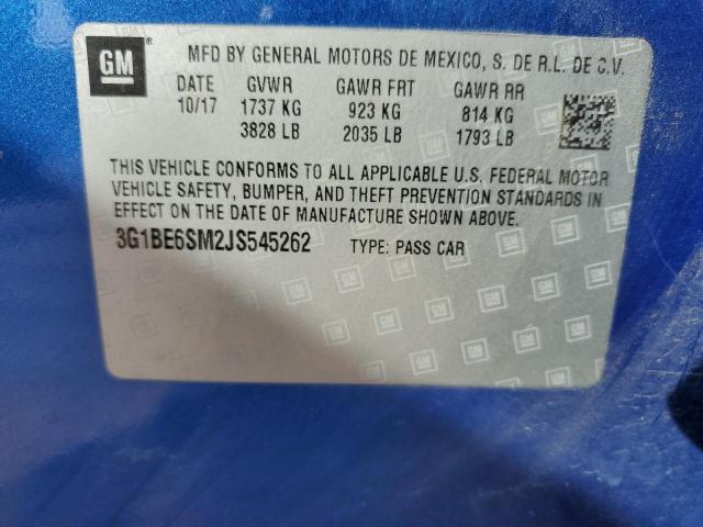 3G1BE6SM2JS545262 - 2018 CHEVROLET CRUZE LT ლურჯი ფოტო 12