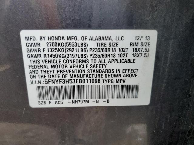 5FNYF3H53EB011098 - 2014 HONDA PILOT EXL GRAY photo 14