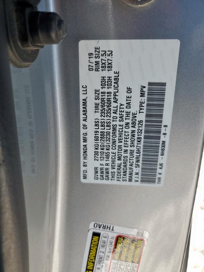 5FNRL6H71KB132126 - 2019 HONDA ODYSSEY EXL Srebrny zdjęcie 14