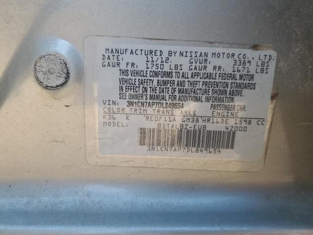 3N1CN7AP7DL849654 - 2013 NISSAN VERSA S SILVER photo 13