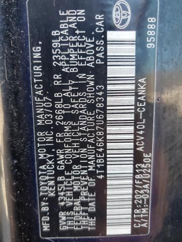4T1BE46K87U678343 - 2007 TOYOTA CAMRY CE BLACK photo 12