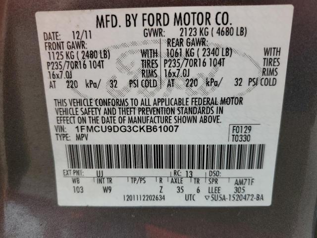 1FMCU9DG3CKB61007 - 2012 FORD ESCAPE XLT Сірий фото 13