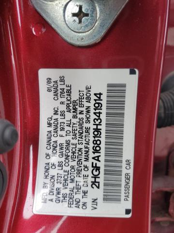 2HGFA16819H341914 - 2009 HONDA CIVIC EX RED photo 12