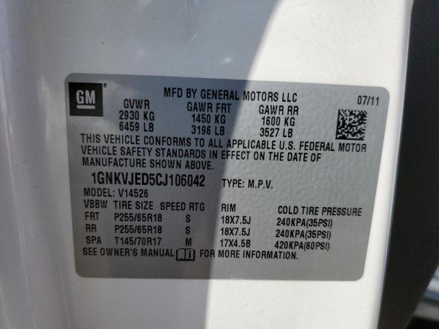 1GNKVJED5CJ106042 - 2012 CHEVROLET TRAVERSE LT WHITE photo 13