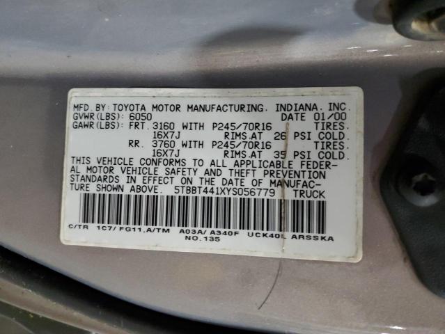 5TBBT441XYS056779 - 2000 TOYOTA TUNDRA ACCESS CAB ნაცრისფერი ფოტო 12