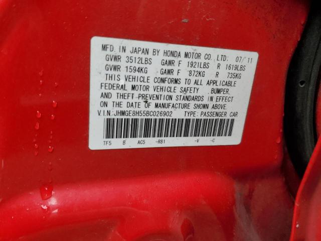 JHMGE8H55BC026902 - 2011 HONDA FIT SPORT RED photo 12