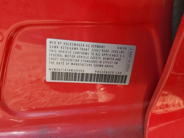 WVWDA71K38W265950 - 2008 VOLKSWAGEN RABBIT RED photo 12