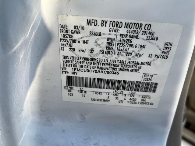 1FMCU0C70AKC60345 - 2010 FORD ESCAPE XLS WHITE photo 10