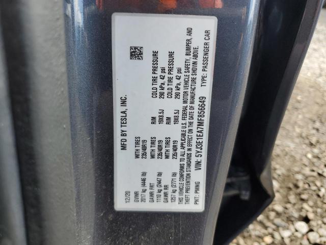 5YJ3E1EA7MF856649 - 2021 TESLA MODEL 3 GRAY photo 12