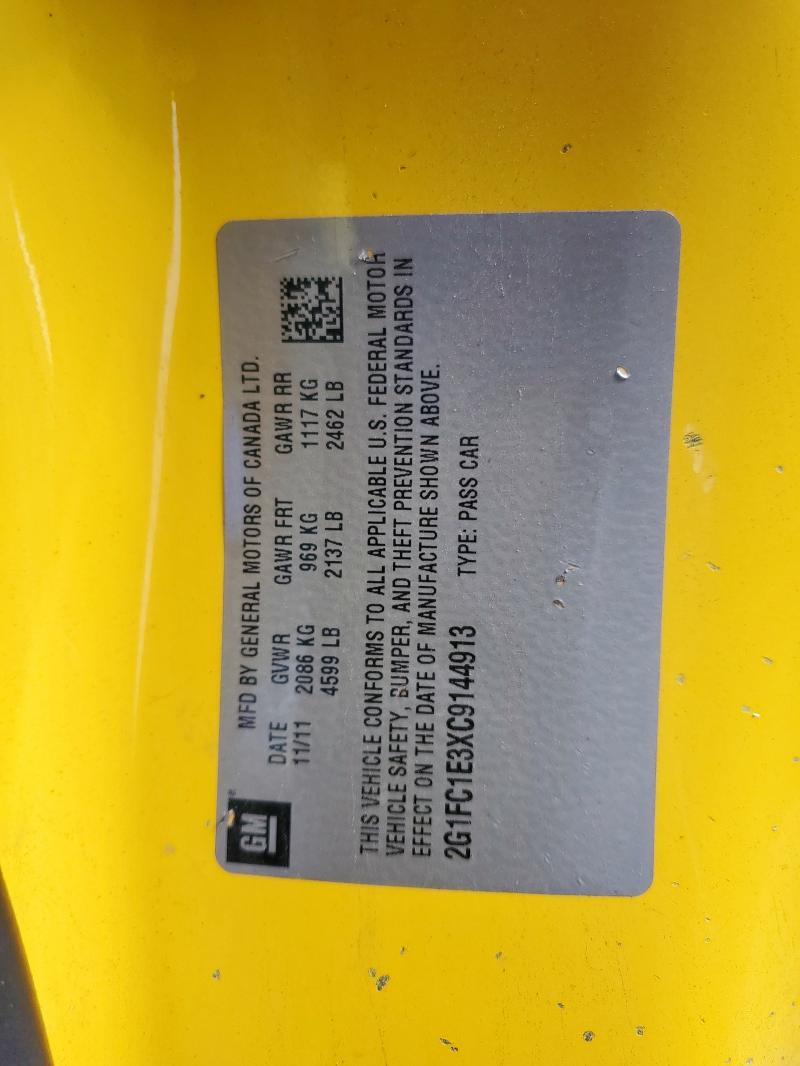 2G1FC1E3XC9144913 - 2012 CHEVROLET CAMARO LT YELLOW photo 12