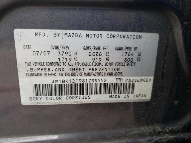 JM1BK12F981799552 - 2008 MAZDA 3 I GRAY photo 12