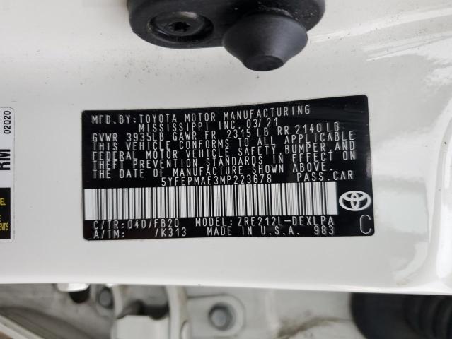 5YFEPMAE3MP223678 - 2021 TOYOTA COROLLA LE WHITE photo 12