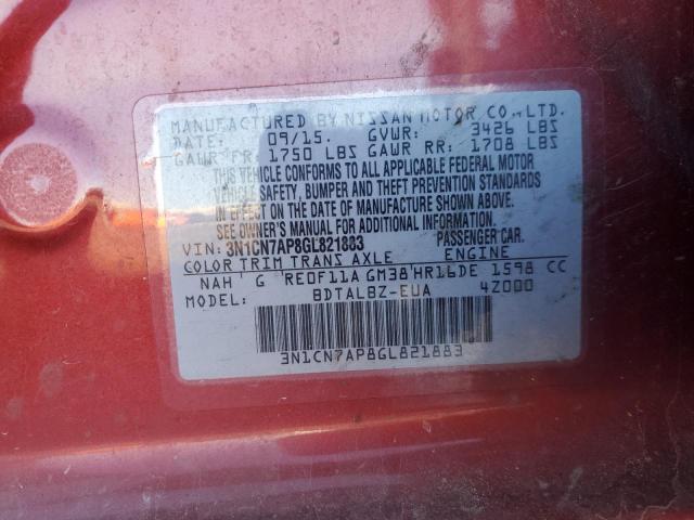 3N1CN7AP8GL821883 - 2016 NISSAN VERSA S RED photo 12