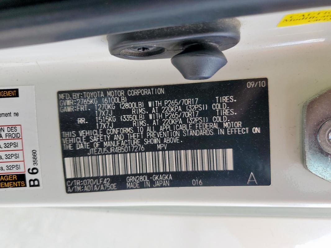 JTEZU5JR4B5017276 - 2011 TOYOTA 4RUNNER SR5 Ağ foto 14