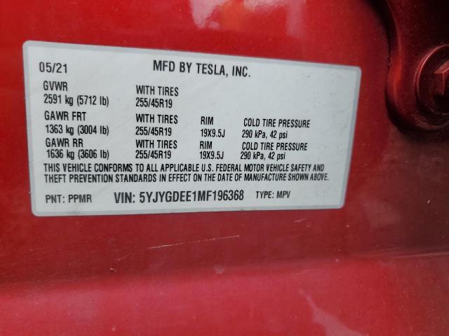 5YJYGDEE1MF196368 - 2021 TESLA MODEL Y RED photo 12