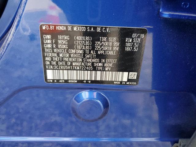 3CZRU5H17KM722405 - 2019 HONDA HR-V SPORT BLUE photo 12