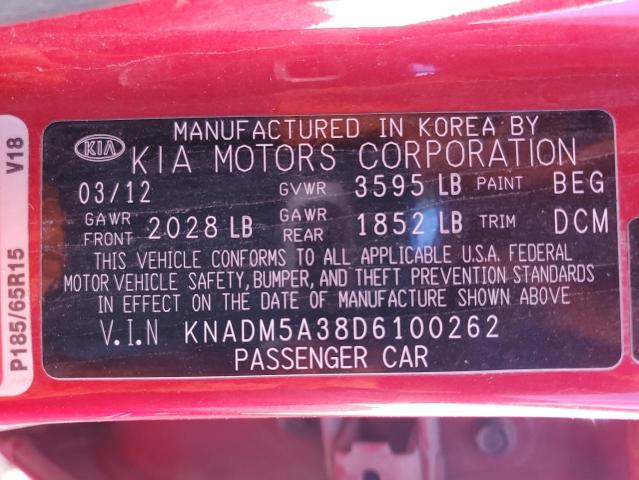 KNADM5A38D6100262 - 2013 KIA RIO LX RED photo 14