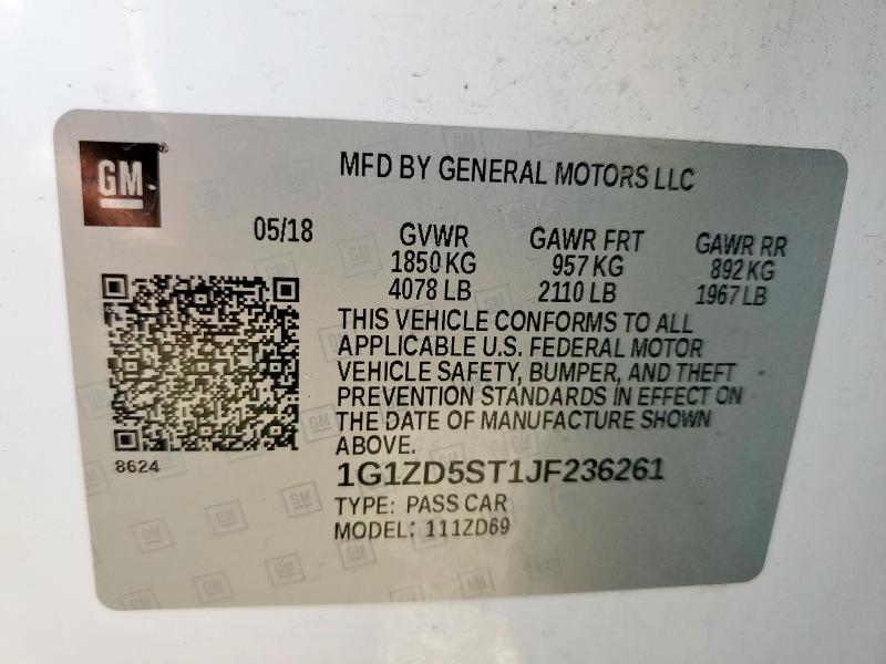 1G1ZD5ST1JF236261 - 2018 CHEVROLET MALIBU LT Blanco foto 13