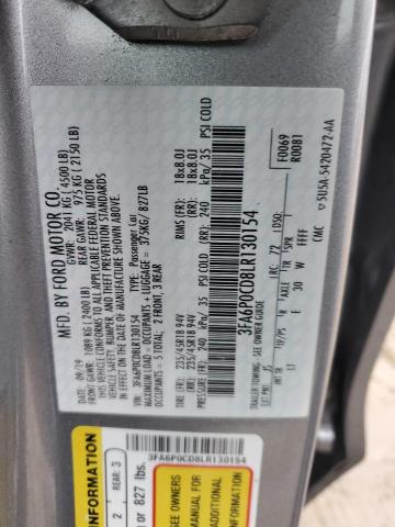 3FA6P0CD8LR130154 - 2020 FORD FUSION SEL SILVER photo 12