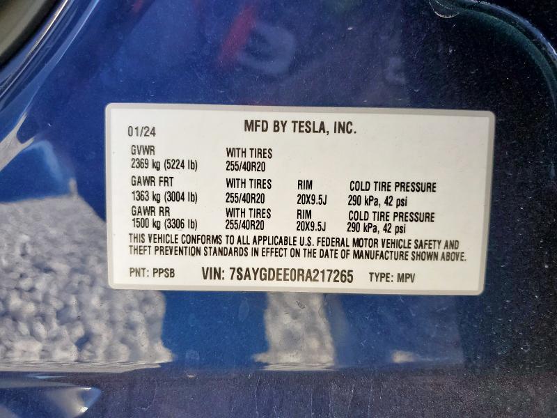 7SAYGDEE0RA217265 - 2024 TESLA MODEL Y Azul foto 12