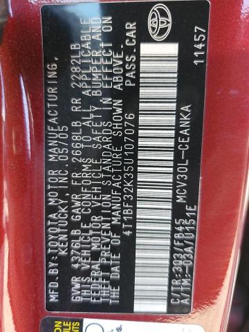 4T1BF32K35U107076 - 2005 TOYOTA CAMRY LE MAROON photo 12