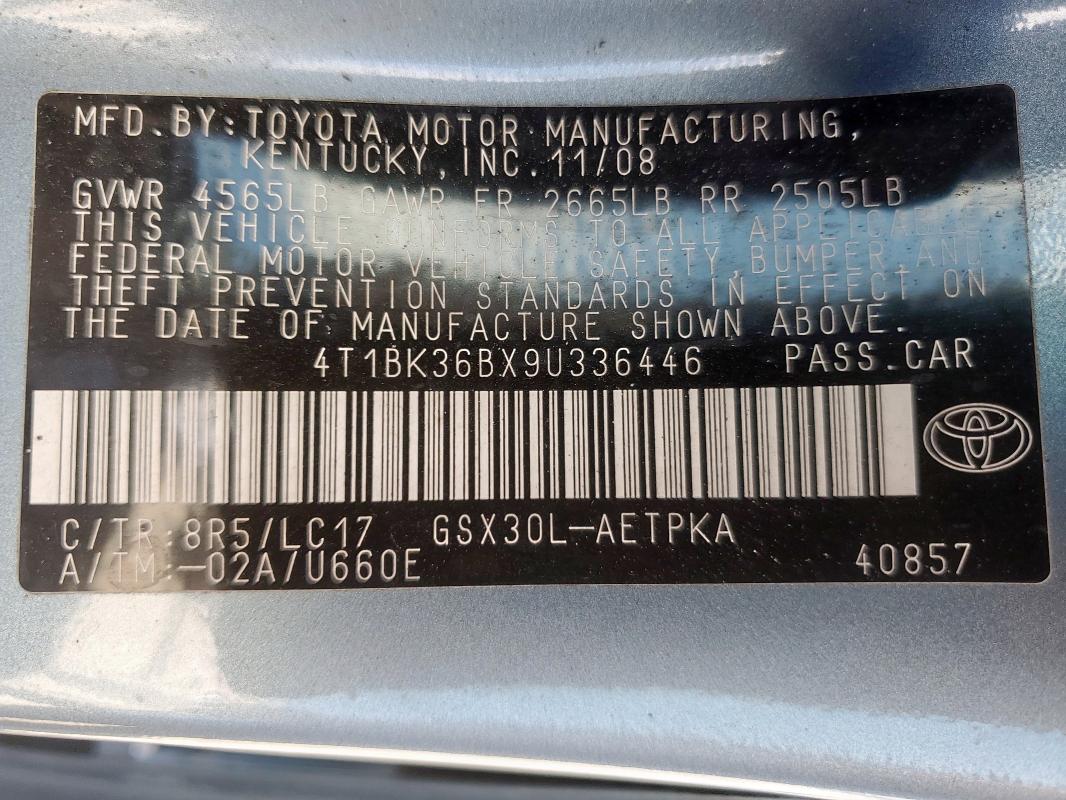 4T1BK36BX9U336446 - 2009 TOYOTA AVALON XL BLUE photo 13