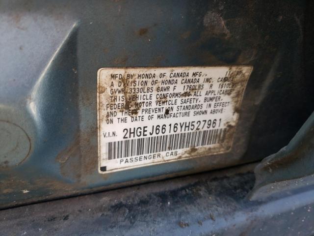 2HGEJ6616YH527961 - 2000 HONDA CIVIC BASE TEAL photo 12