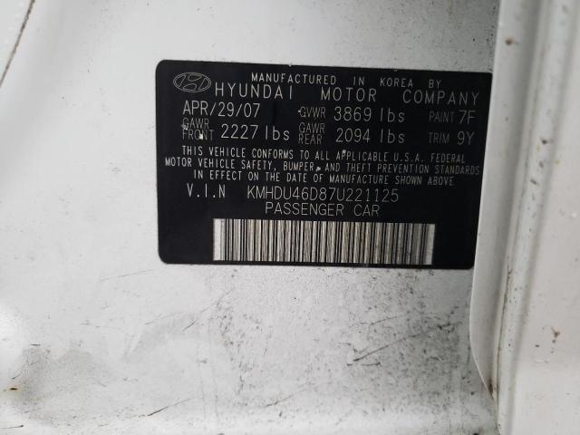 KMHDU46D87U221125 - 2007 HYUNDAI ELANTRA GLS WHITE photo 12