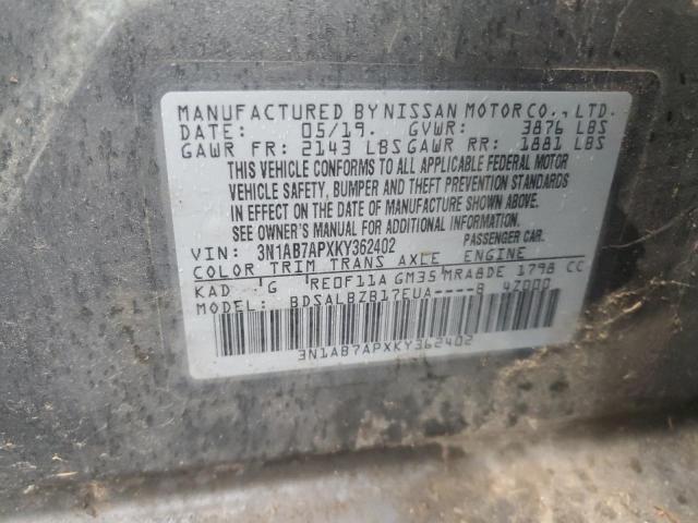 3N1AB7APXKY362402 - 2019 NISSAN SENTRA S GRAY photo 12