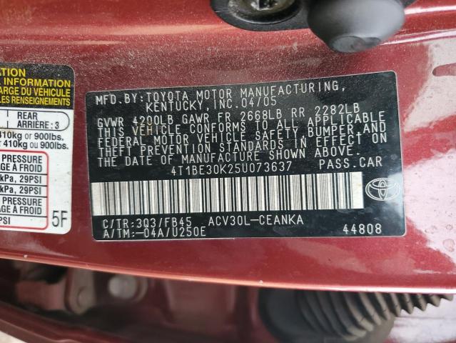 4T1BE30K25U073637 - 2005 TOYOTA CAMRY LE RED photo 12