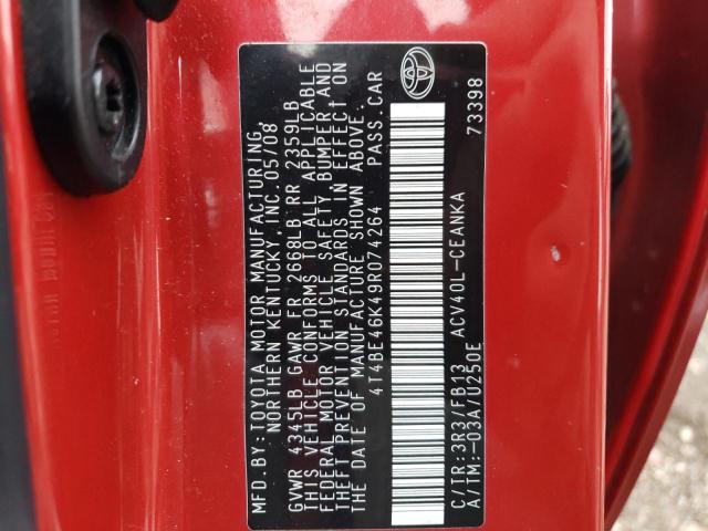 4T4BE46K49R074264 - 2009 TOYOTA CAMRY BASE RED photo 12