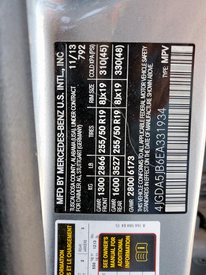 4JGDA5JB6EA331934 - 2014 MERCEDES-BENZ ML 350 SILVER photo 12