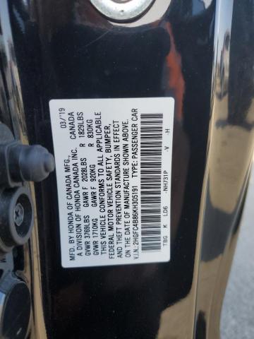 2HGFC4B86KH305191 - 2019 HONDA CIVIC SPORT Սև լուսանկար 13