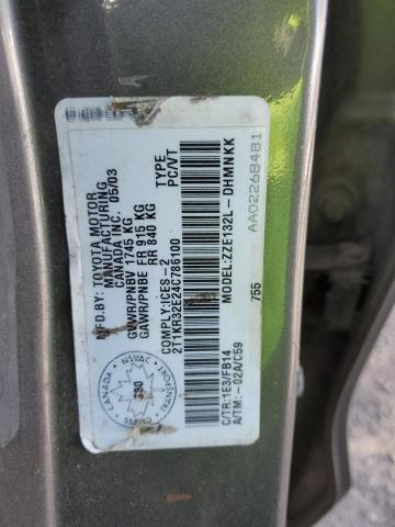 2T1KR32E24C786100 - 2004 TOYOTA COROLLA MA XR GRAY photo 12