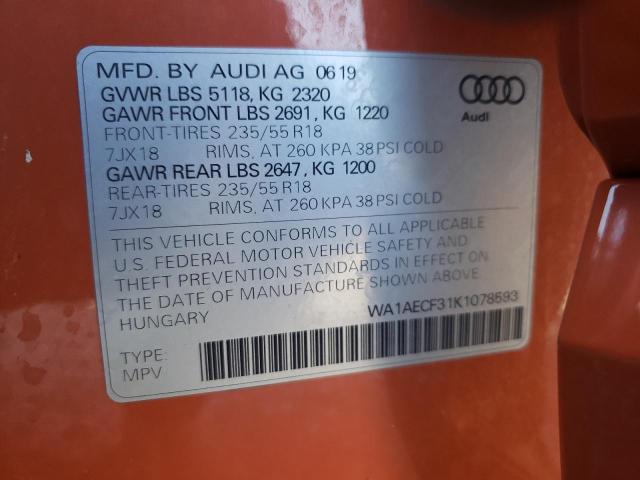 WA1AECF31K1078593 - 2019 AUDI Q3 PREMIUM ORANGE photo 13