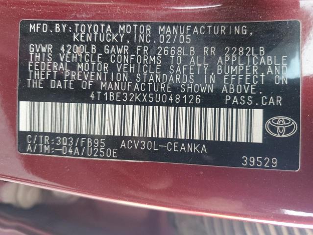 4T1BE32KX5U048126 - 2005 TOYOTA CAMRY LE MAROON photo 12