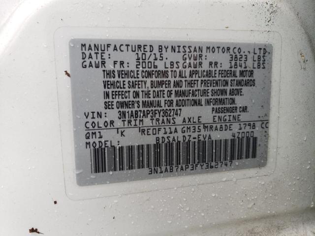 3N1AB7AP3FY362747 - 2015 NISSAN SENTRA S WHITE photo 12