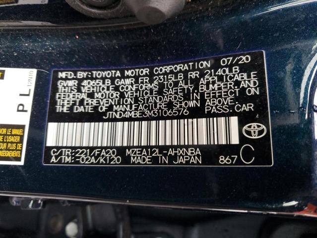 JTND4MBE3M3106576 - 2021 TOYOTA COROLLA SE BLUE photo 12