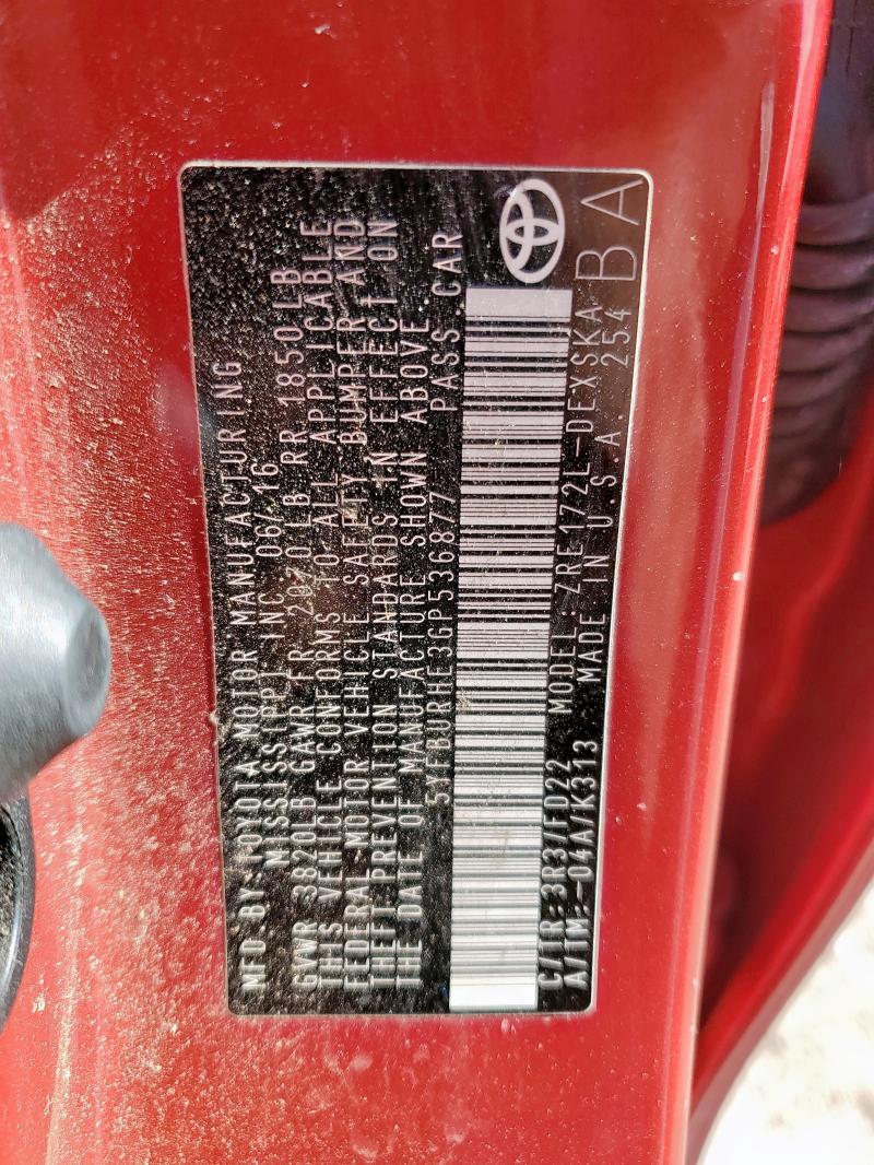 5YFBURHE3GP536877 - 2016 TOYOTA COROLLA L 红色 照片 13